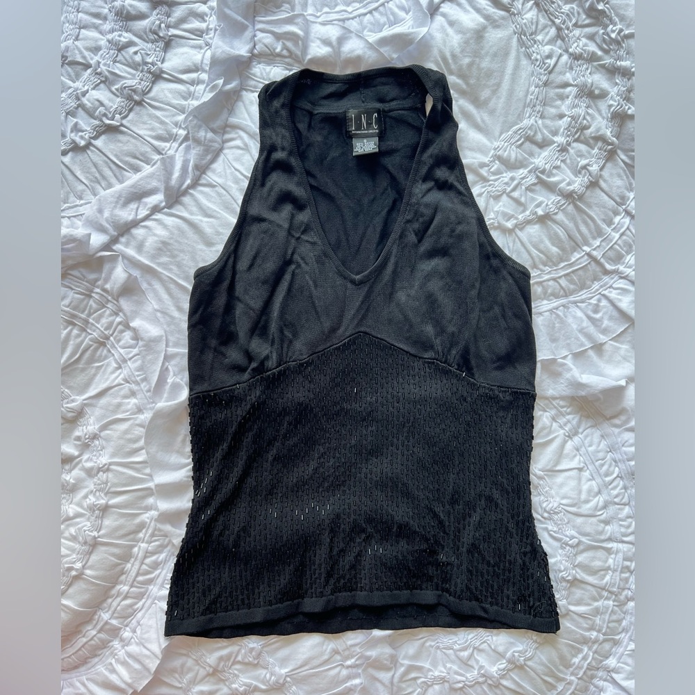 Vintage Black Beaded V-Neck Tank Top Size Small